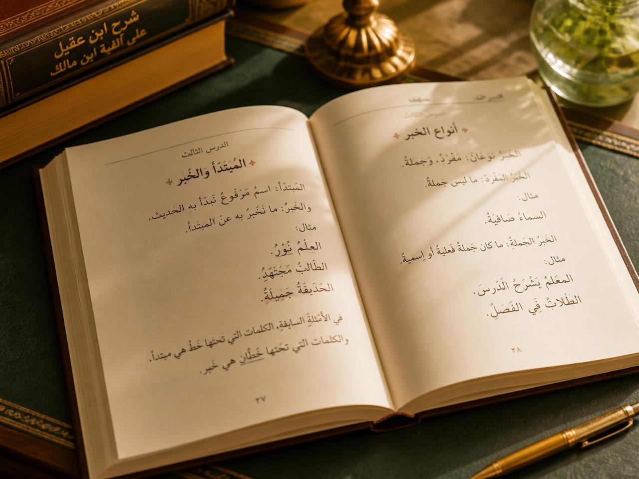 Livre de grammaire arabe entièrement vocalisé ouvert sur un bureau