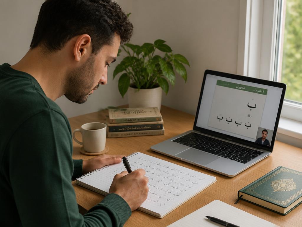 Élève écrivant l'arabe dans un cahier devant une leçon affichée à l'écran